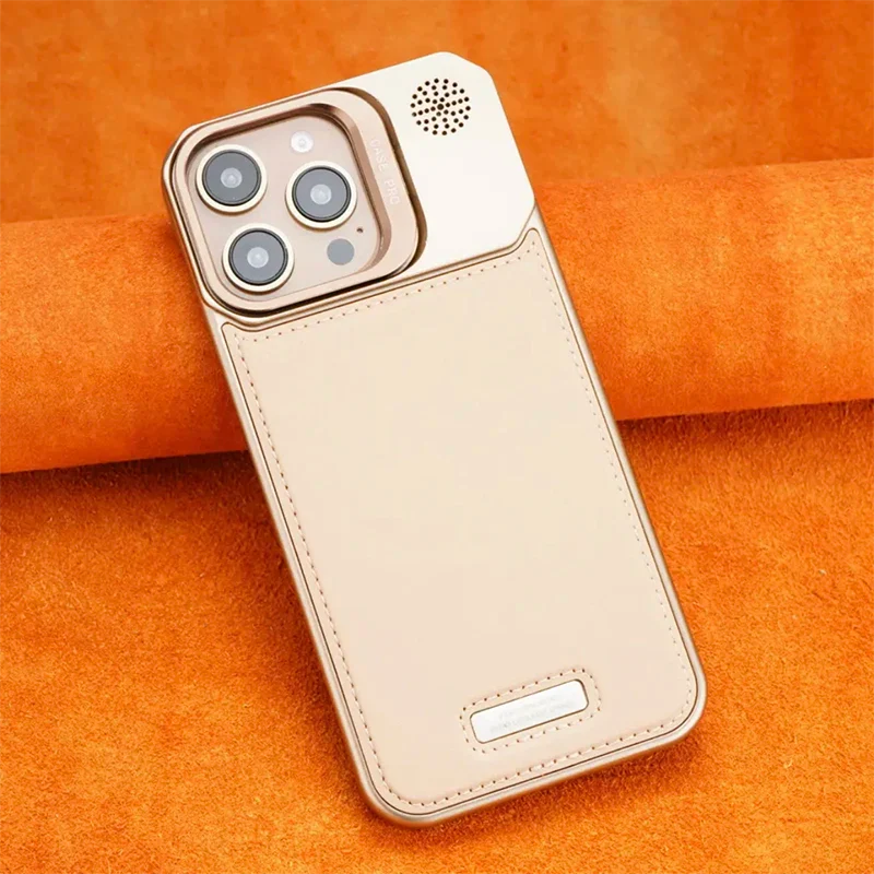 Titanium Metal Holder Plain Leather MagSafe Phone Case - iPhone 16 Pro