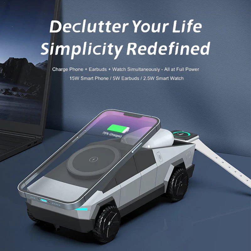 3 in 1 Silver CyberDock+ Cyber Truck inspired Motorised MagSafe Charging Dock