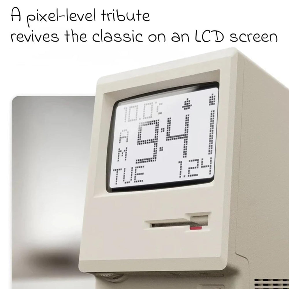 Maclock WB-8 Retro Pixel Alarm Clock, 1984 80s Computer Style Electronic Digital Clock with Large LCD Display, USB Desk Clock for Bedroom, Multiple Alarms, Calendar, Temperature, Adjustable Brightness