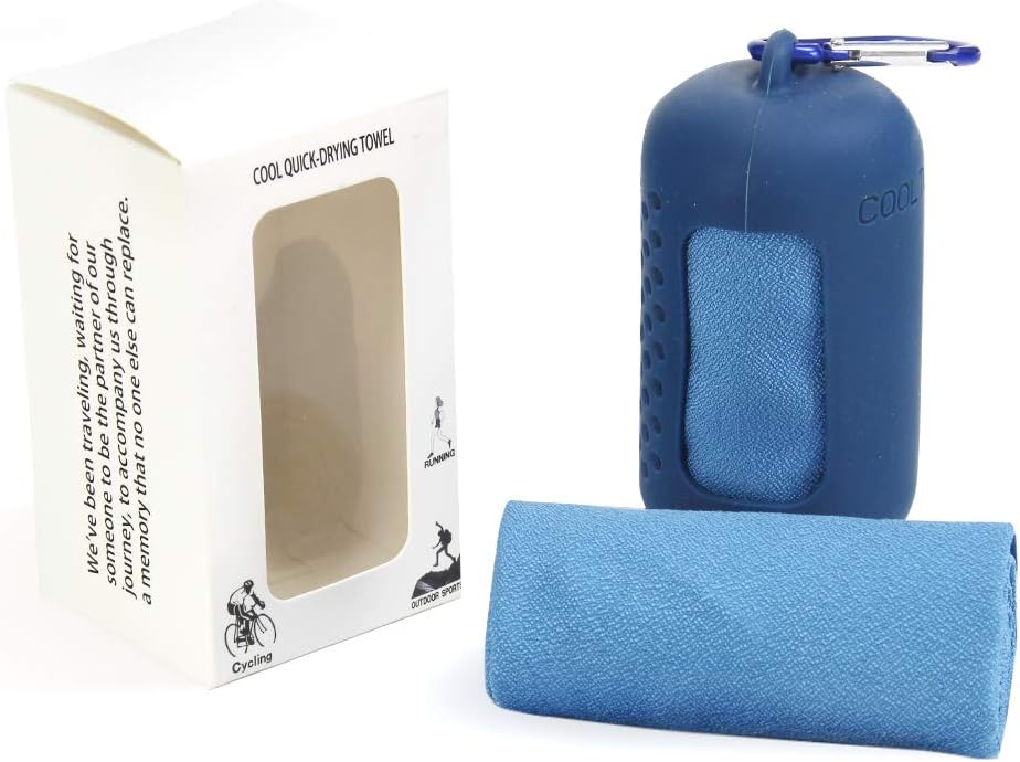 Blue Cooling Towel 40x40cm, Quick Dry Microfiber Sweat Towel with Instant Cooling Effect, Compact Travel Design, Portable Silicone Case & Carabiner for Gym, Yoga, Hiking & Outdoor Fitness