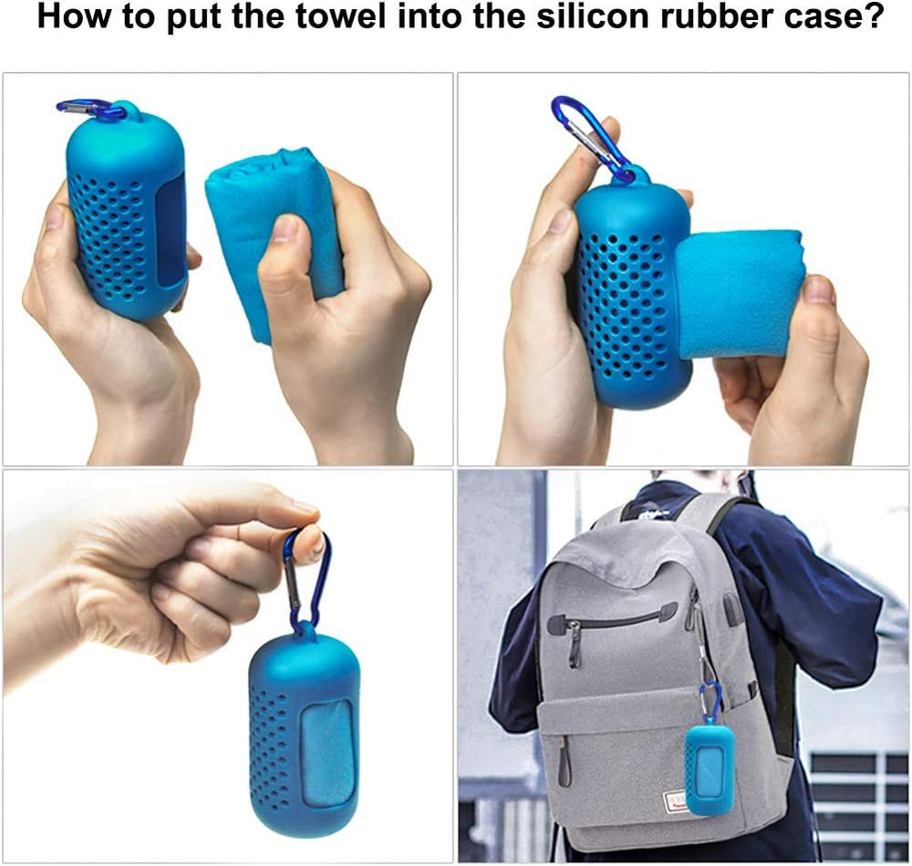 Blue Cooling Towel 40x40cm, Quick Dry Microfiber Sweat Towel with Instant Cooling Effect, Compact Travel Design, Portable Silicone Case & Carabiner for Gym, Yoga, Hiking & Outdoor Fitness