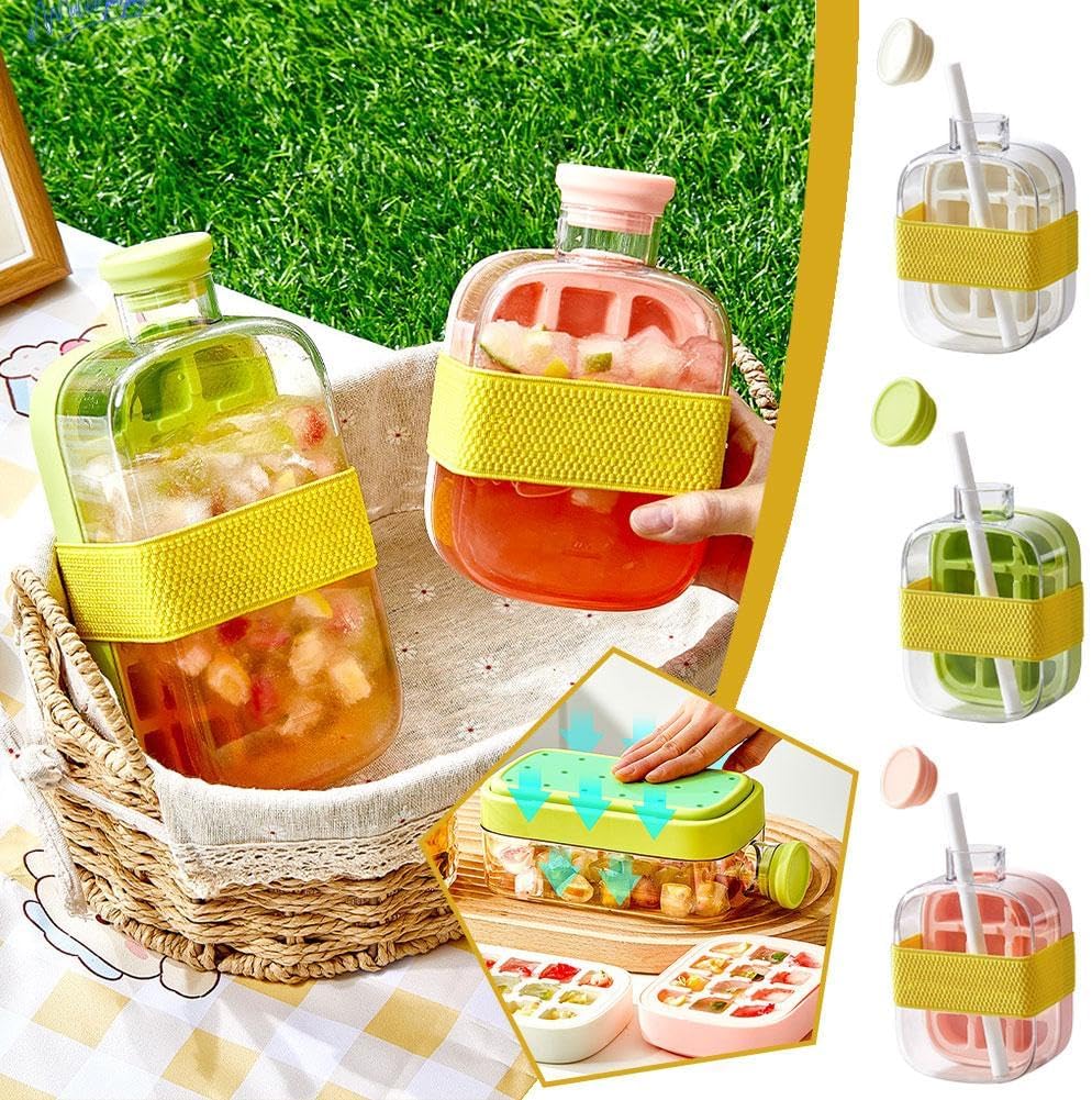 Ice Cube Bottle, 2 in 1 Touch-Free Ice Cube Tray & Water Bottle with Lid and Bin - Pink