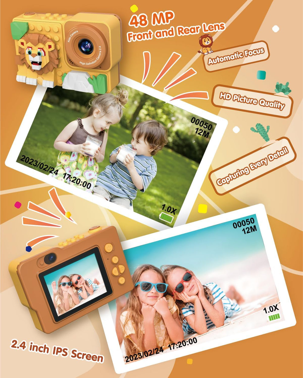 Kids Digital Video Toy Camera with Silicone Building CardBlocks - Lion