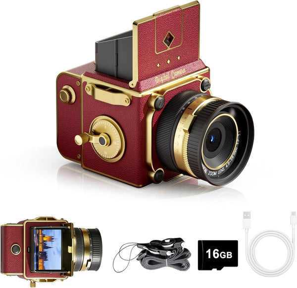 Red Vintage Digital Camera, 64MP 2.7K Retro Point and Shoot Camera with Autofocus, 2" IPS Waist-Level Screen & 16GB TF Card, 16X Zoom Compact Photography Camera
