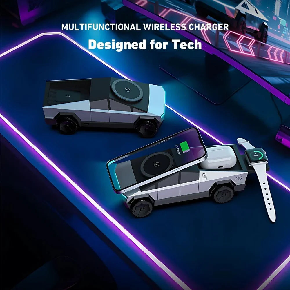 3 in 1 Silver CyberDock+ Cyber Truck inspired Motorised MagSafe Charging Dock