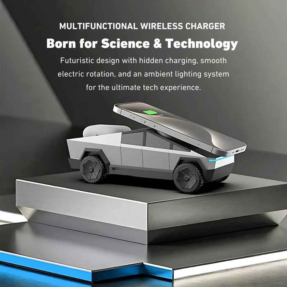 3 in 1 Silver CyberDock+ Cyber Truck inspired Motorised MagSafe Charging Dock