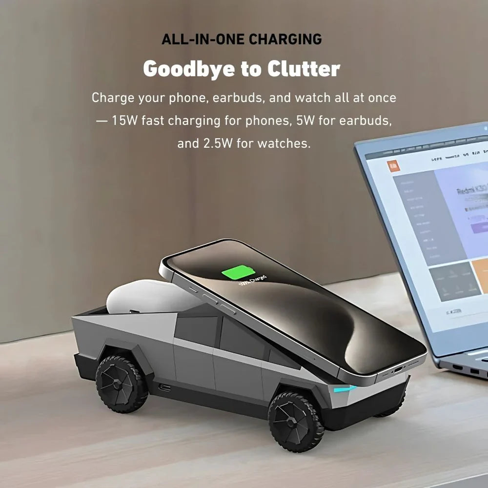 3 in 1 Silver CyberDock+ Cyber Truck inspired Motorised MagSafe Charging Dock