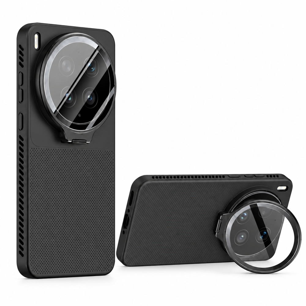 Black Ultra Flip-Out Camera Cover Stand Honeycomb Cooling Phone Case for Vivo X300 Ultra