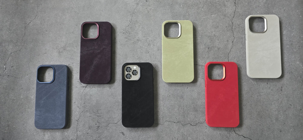 Elegant faux suede alcantra look phone cases for iPhone 13/14, 14 Pro, 14 Promax, 15, 15 Plus, 15 Pro, 15 Promax - Purple