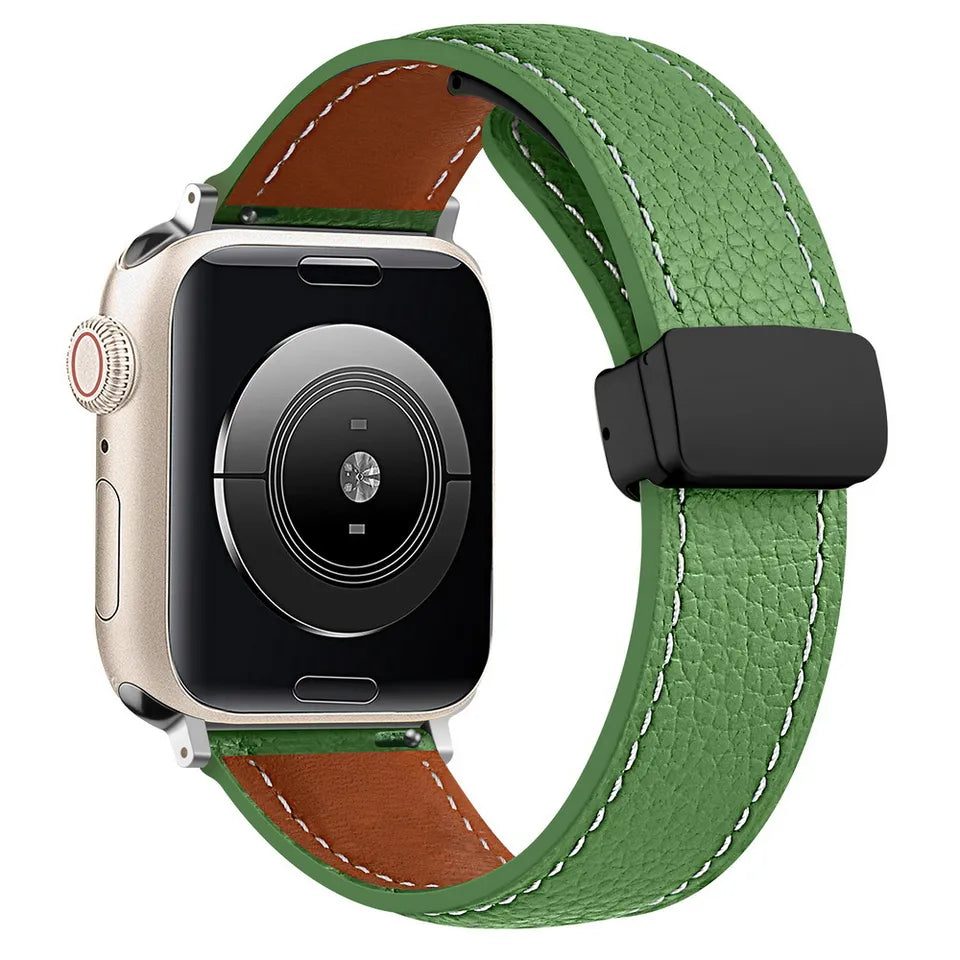 42/44/45/49 MM Dark Green Genuine Leather Folding Buckle Bands for Apple Watches
