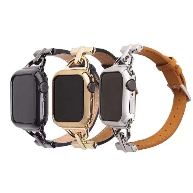38/40/41 MM Stainless Steel D Buckle Black with Gold Leather Strap for Apple Watches