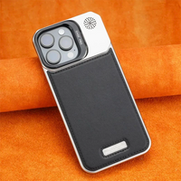 Black Metal Holder Plain Leather MagSafe Phone Case  - iPhone 16 Pro