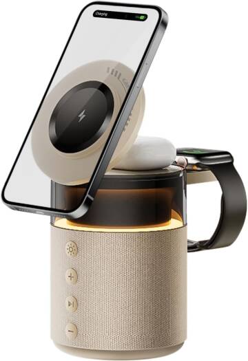 5-in-1 Wireless Charging Station with Bluetooth Speaker, Night Light, 360° Stereo Sound - Gold