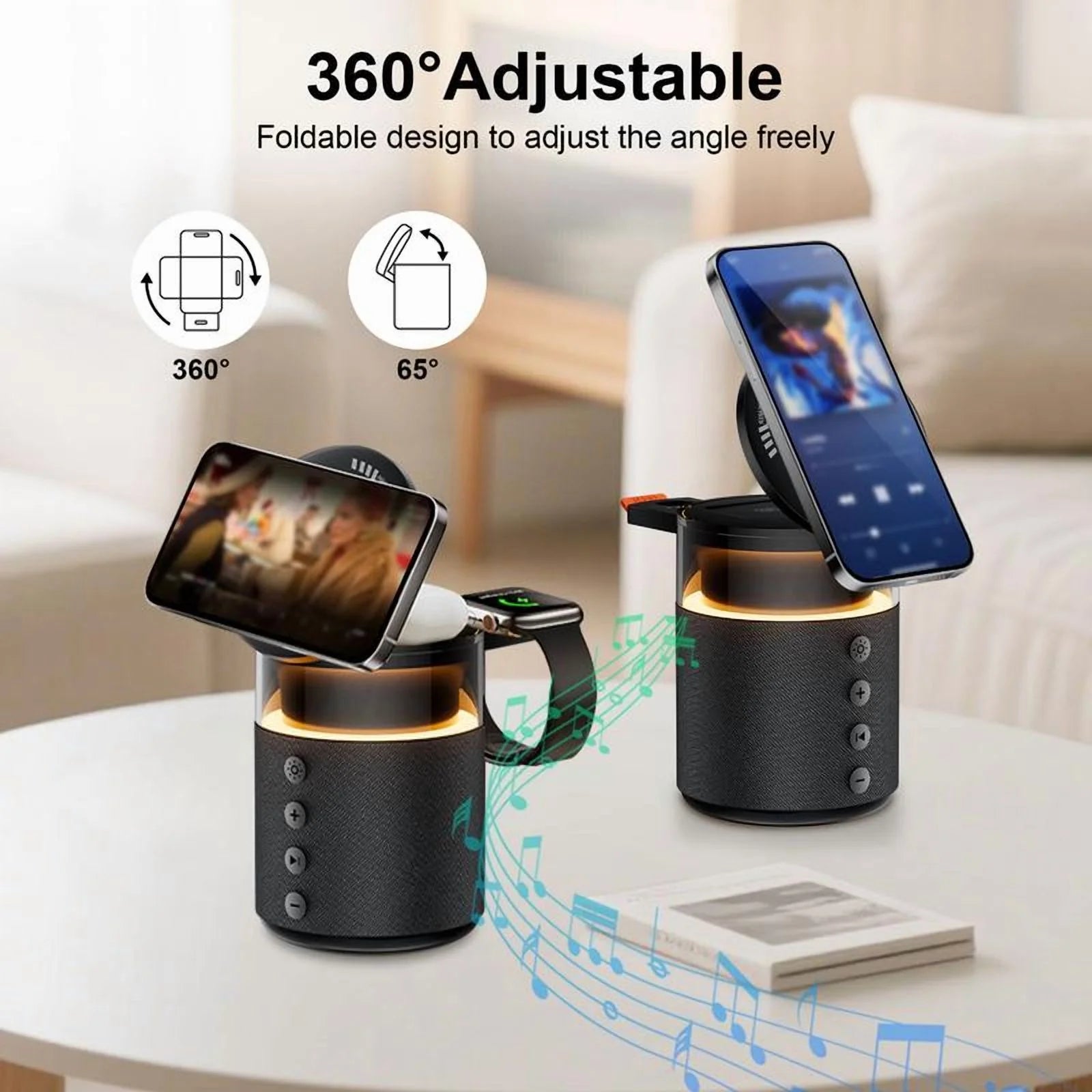 5-in-1 Wireless Charging Station with Bluetooth Speaker, Night Light, 360° Stereo Sound - Black