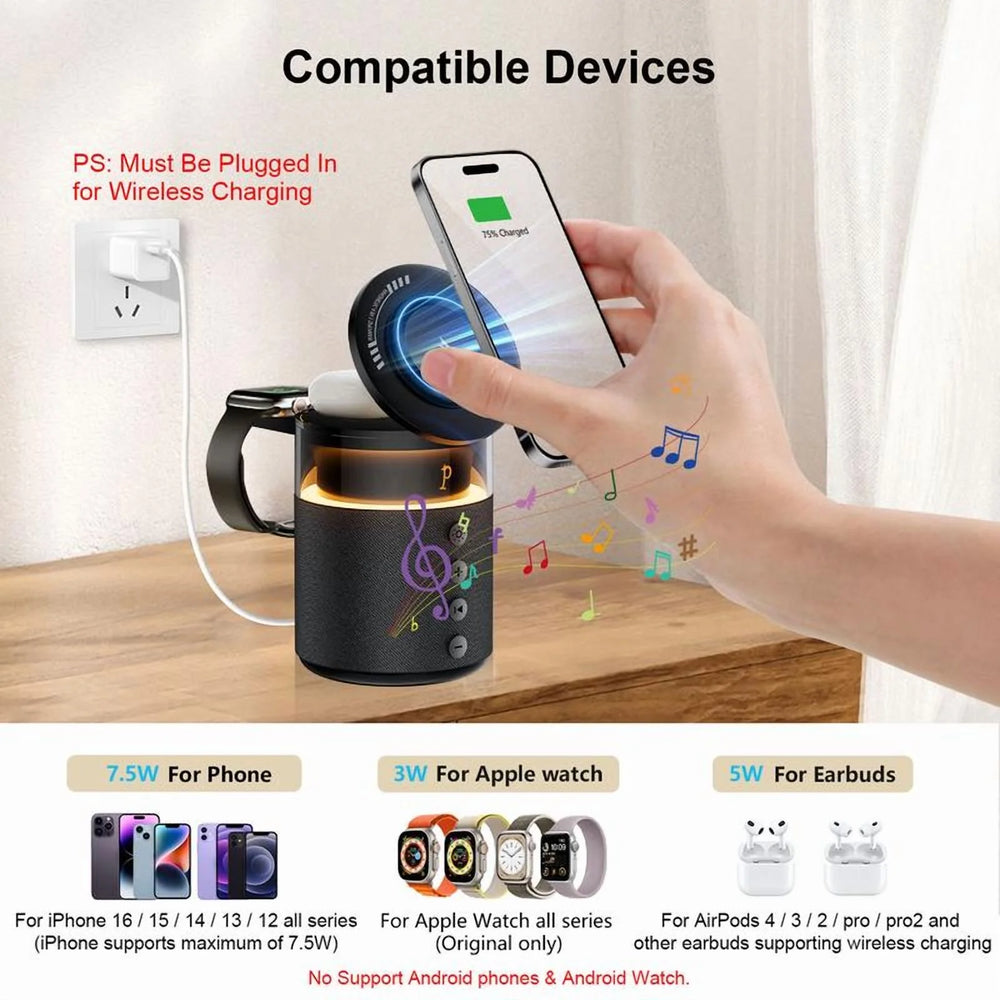 5-in-1 Wireless Charging Station with Bluetooth Speaker, Night Light, 360° Stereo Sound - White