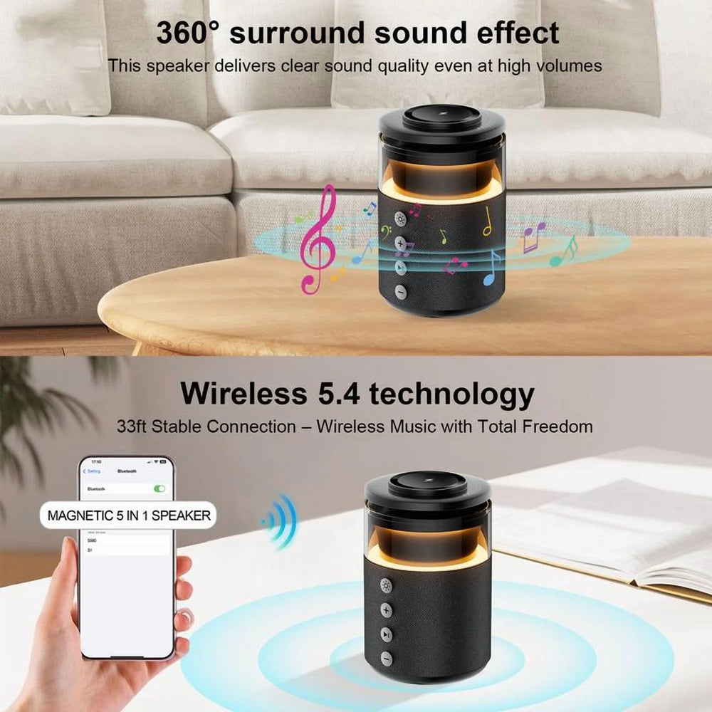 5-in-1 Wireless Charging Station with Bluetooth Speaker, Night Light, 360° Stereo Sound - White