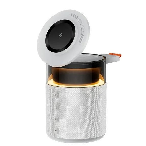 5-in-1 Wireless Charging Station with Bluetooth Speaker, Night Light, 360° Stereo Sound - White