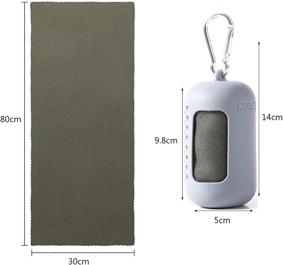 Grey Cooling Towel 40x40cm, Quick Dry Microfiber Sweat Towel with Instant Cooling Effect, Compact Travel Design, Portable Silicone Case & Carabiner for Gym, Yoga, Hiking & Outdoor Fitness