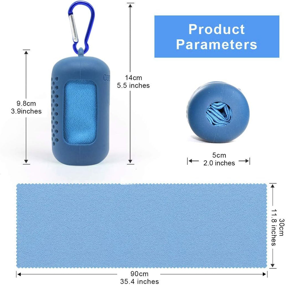 Blue Cooling Towel 40x40cm, Quick Dry Microfiber Sweat Towel with Instant Cooling Effect, Compact Travel Design, Portable Silicone Case & Carabiner for Gym, Yoga, Hiking & Outdoor Fitness