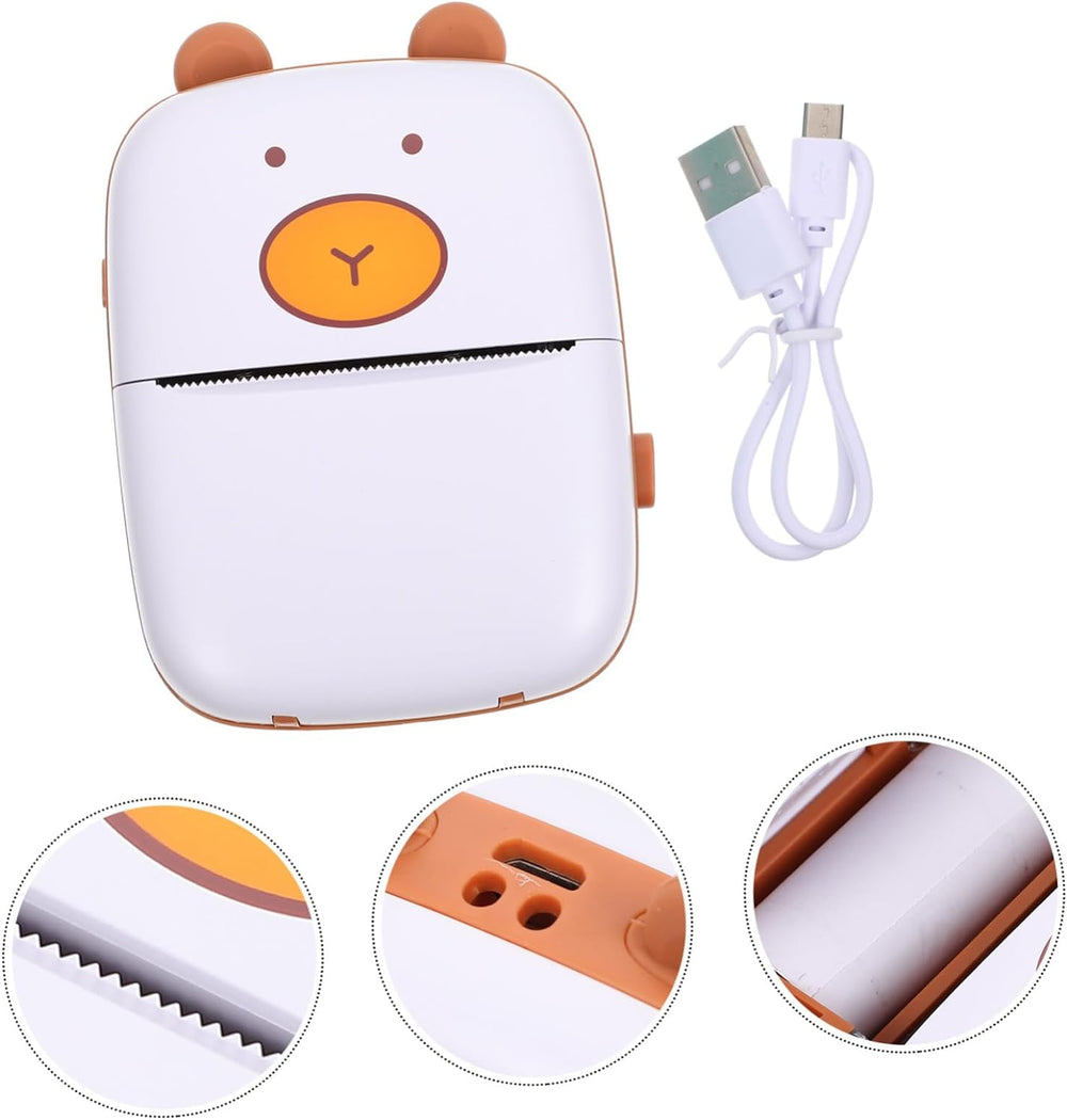 Inkless Mini Compact Thermal Printer(B/W) - White teddy