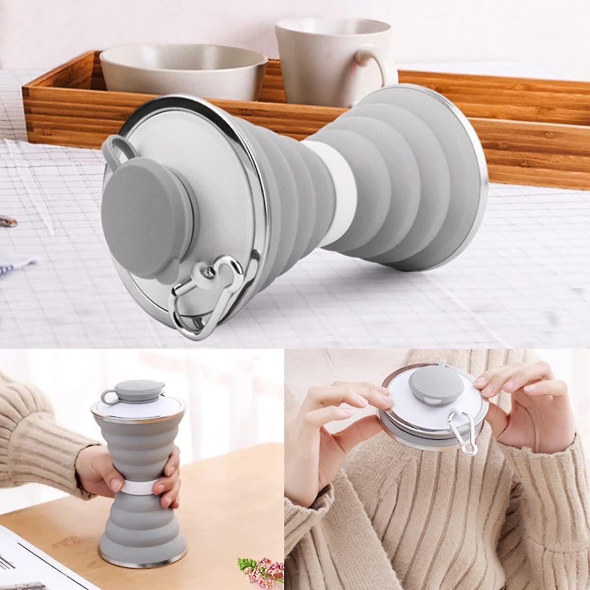 Portable Foldable Collapsible Silicone Water Bottles - Grey