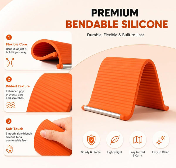 Orange Flexible Memory Bend Phone Stand, Foldable Silicone Aluminum Holder, 360° Adjustable & Wrapable, Non-Slip Portable Desk & Travel Stand