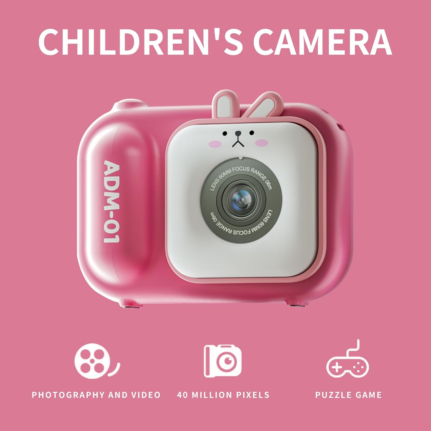 Pink Rabbit Design Portable Camera with Tripod for Kids