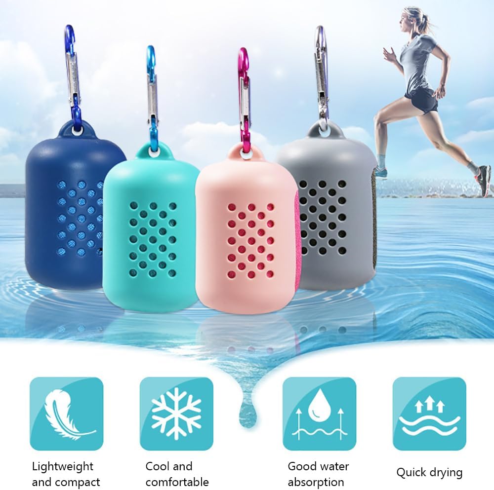 Grey Cooling Towel 40x40cm, Quick Dry Microfiber Sweat Towel with Instant Cooling Effect, Compact Travel Design, Portable Silicone Case & Carabiner for Gym, Yoga, Hiking & Outdoor Fitness