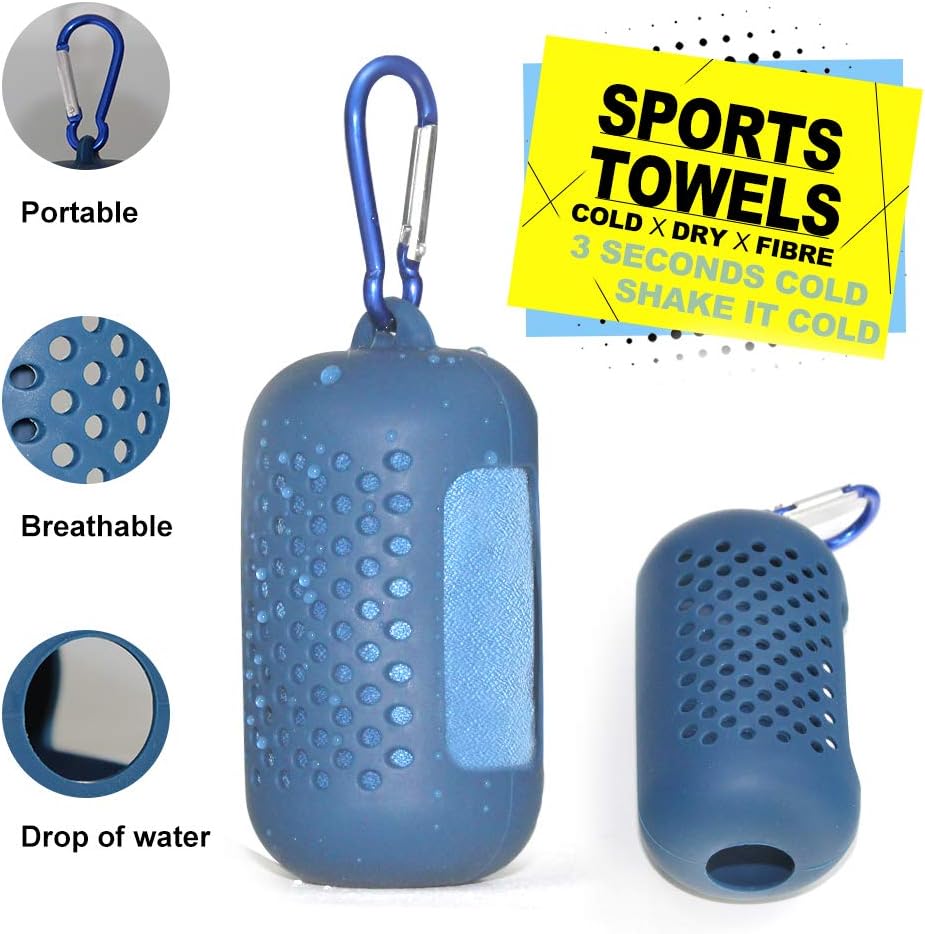 Blue Cooling Towel 40x40cm, Quick Dry Microfiber Sweat Towel with Instant Cooling Effect, Compact Travel Design, Portable Silicone Case & Carabiner for Gym, Yoga, Hiking & Outdoor Fitness