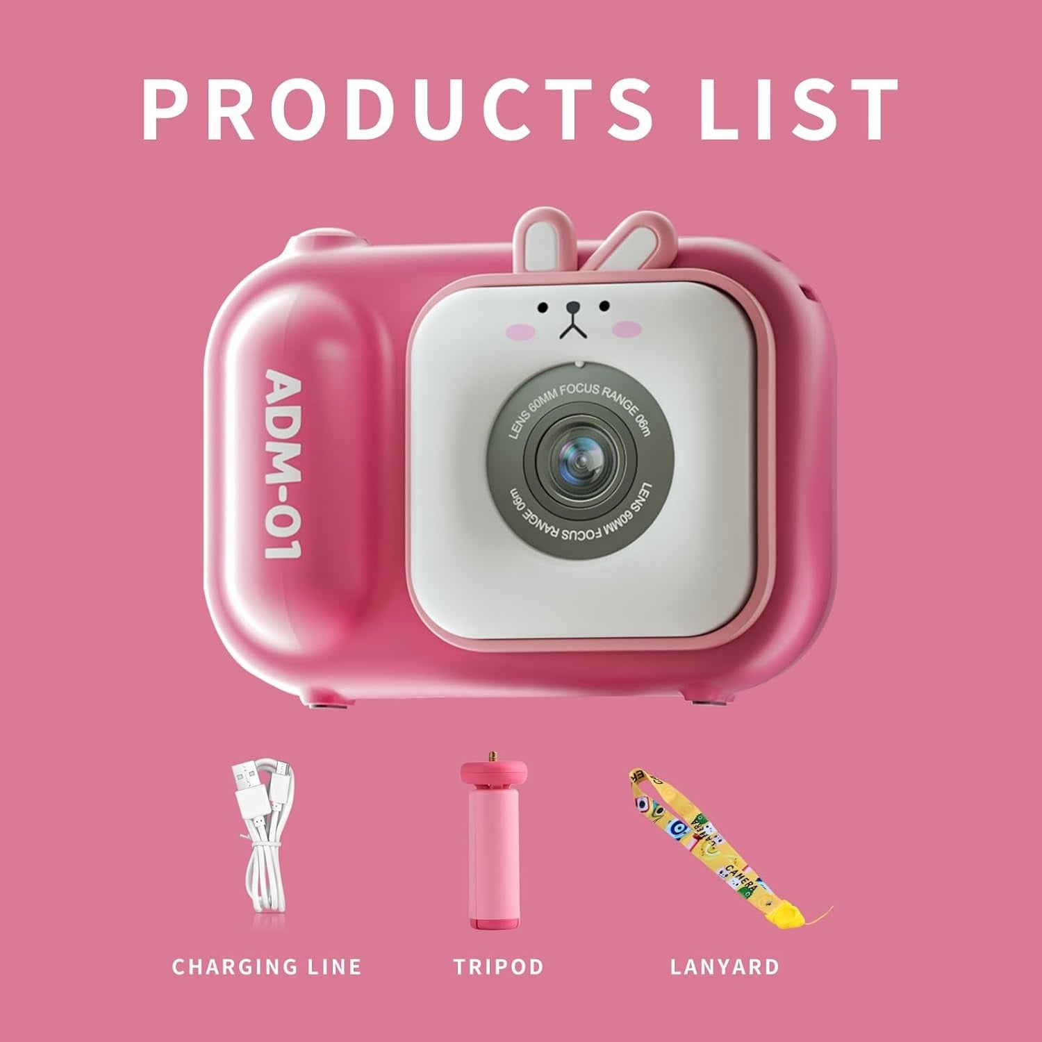 Pink Rabbit Design Portable Camera with Tripod for Kids