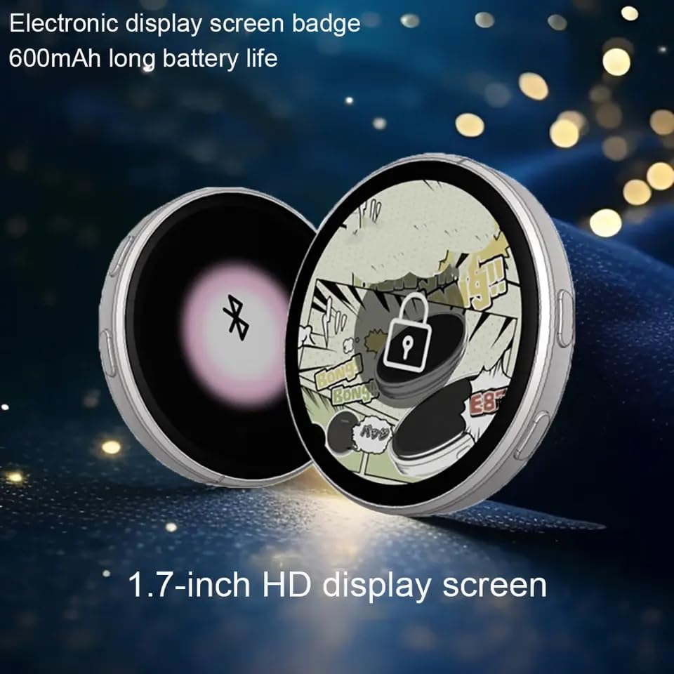 Smart Digital Badge Customizable Display with Photo/GIF/Video,Rechargeable Battery Easy Clip Design Redefine Dynamic Brooch Ultra-thin 10mm 1.85-inch HD Screen
