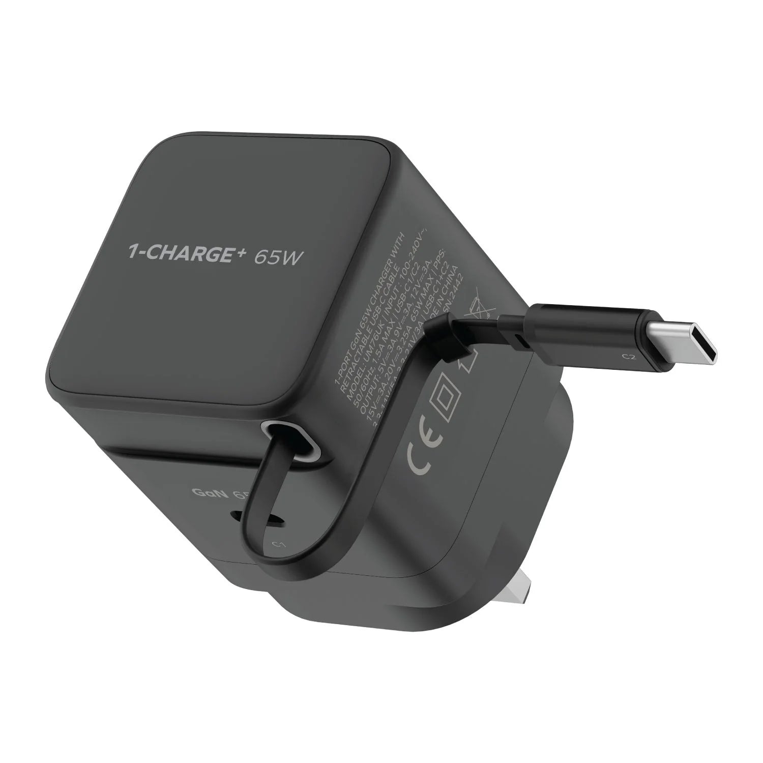 1-Charge+ 1-Port GaN Charger With Built-In USB-C Cable 65W - Black