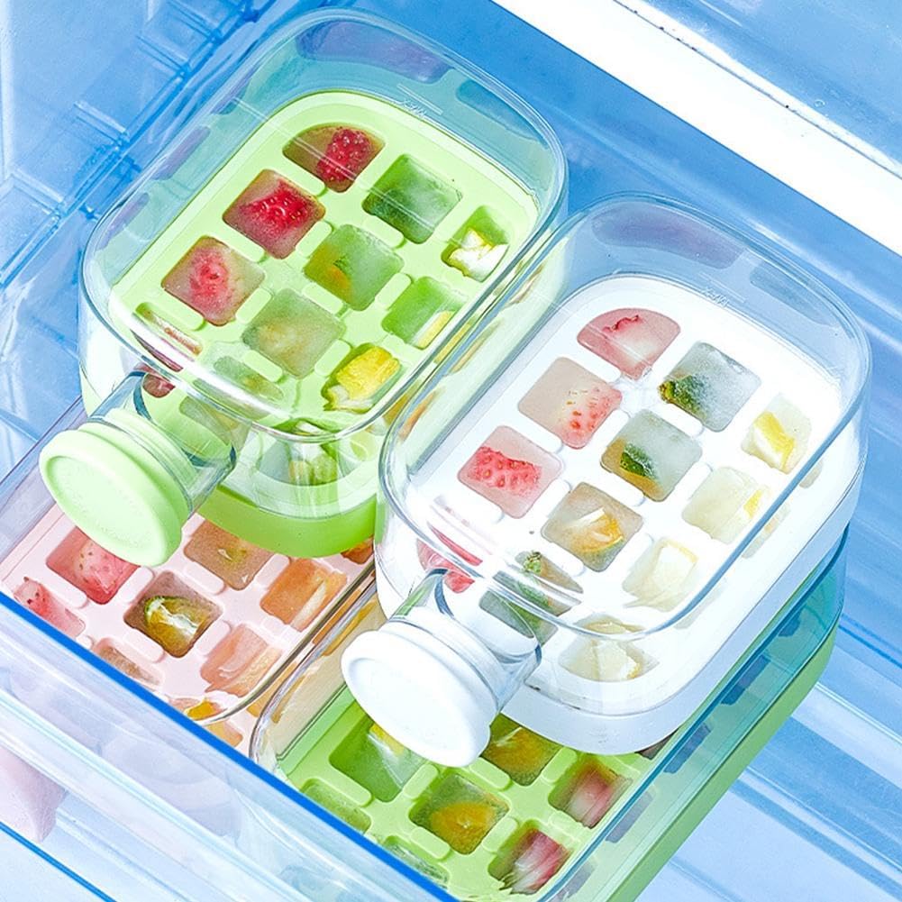 Ice Cube Bottle, 2 in 1 Touch-Free Ice Cube Tray & Water Bottle with Lid and Bin - Pink