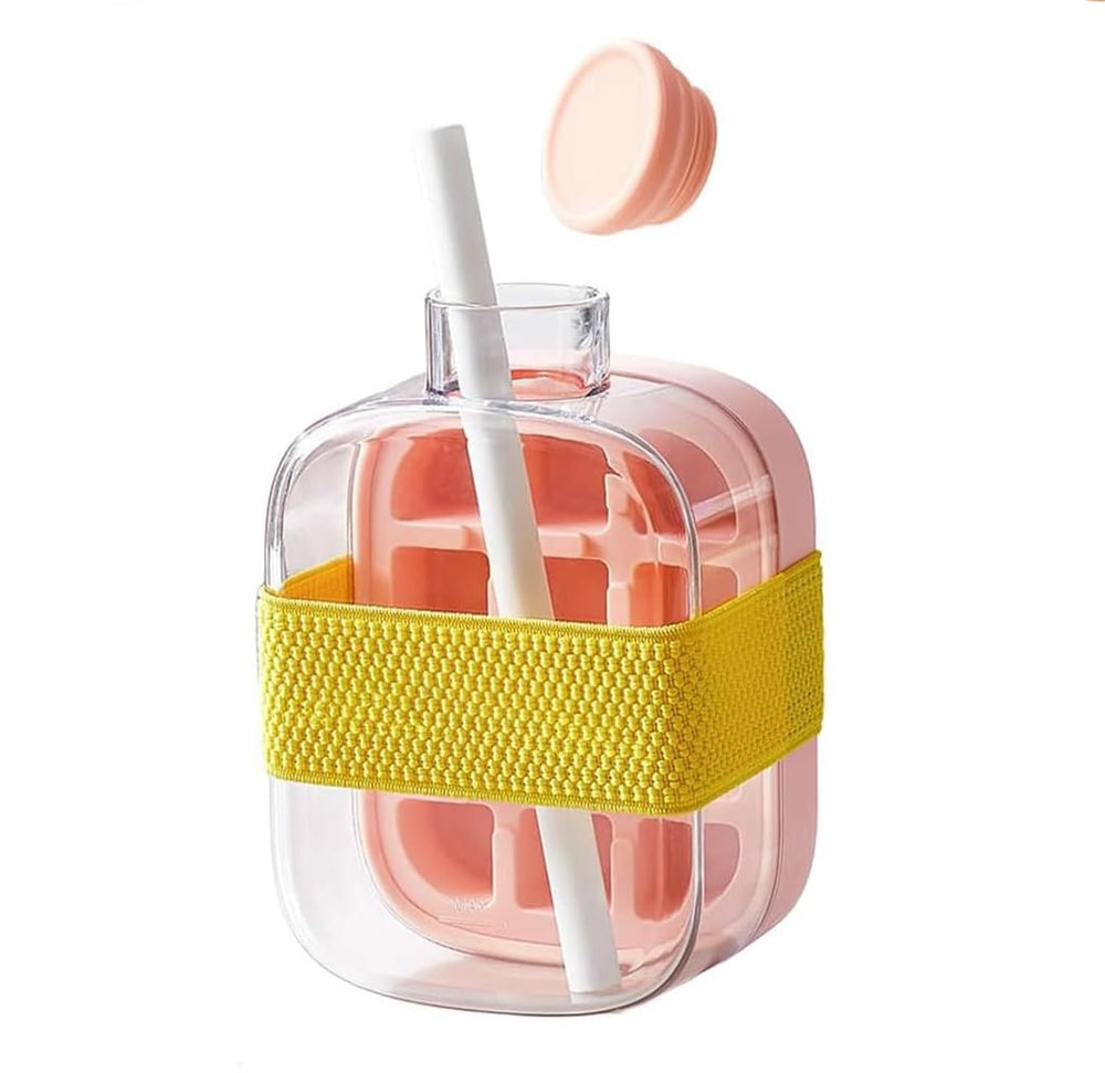 Ice Cube Bottle, 2 in 1 Touch-Free Ice Cube Tray & Water Bottle with Lid and Bin - Pink