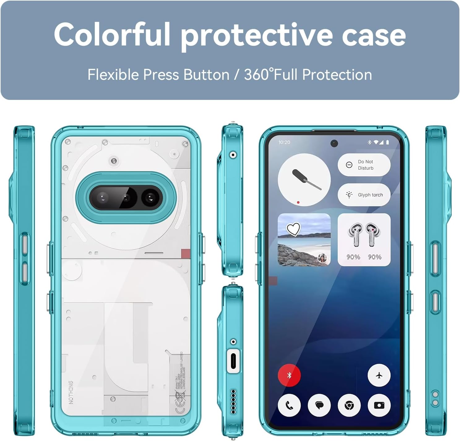 Hard PC + TPU Frame, Drop-Resistant, Protective Case Compatible with Nothing Phone 3a (Transparent Blue)