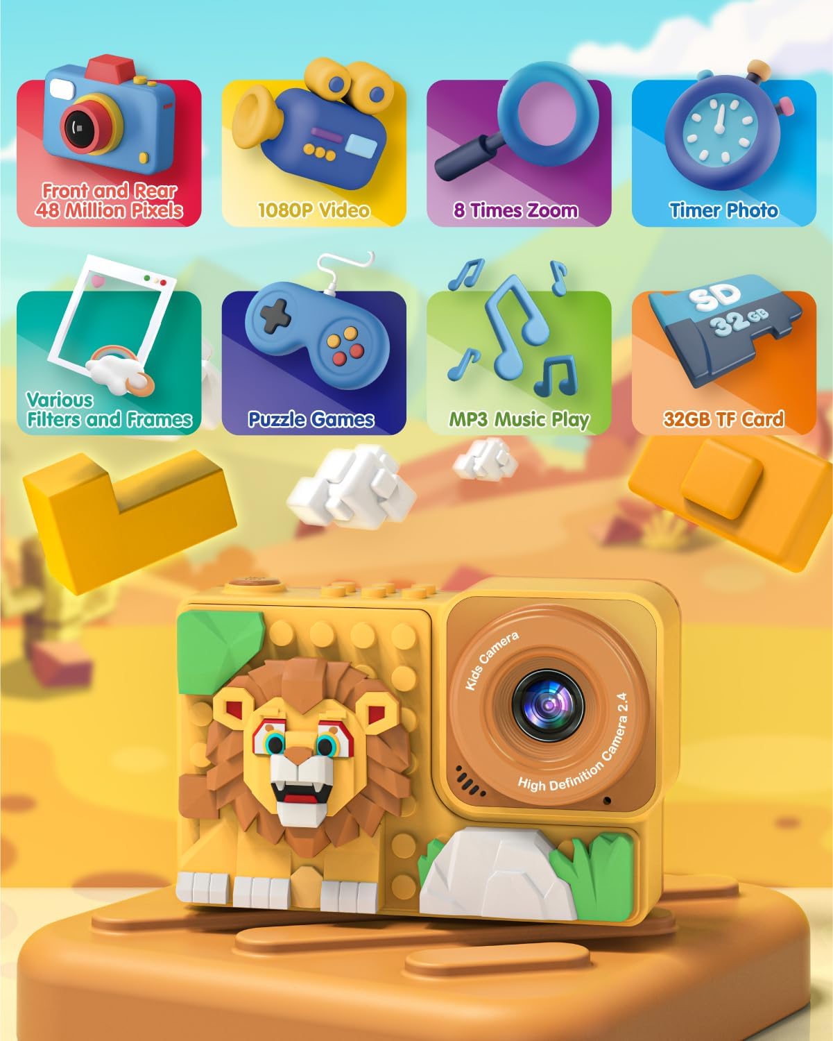 Kids Digital Video Toy Camera with Silicone Building CardBlocks - Lion