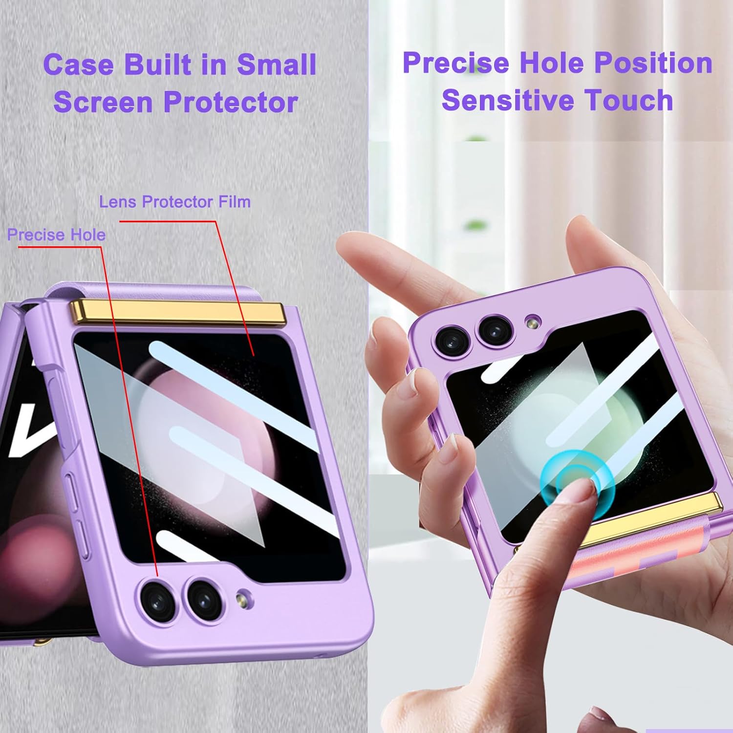 Galaxy Z Flip 5 Case Ultra-Thin Protective Cover with Strap, Built-in Screen Protection Shockproof Phone Case for Galaxy Z Flip 5, Purple