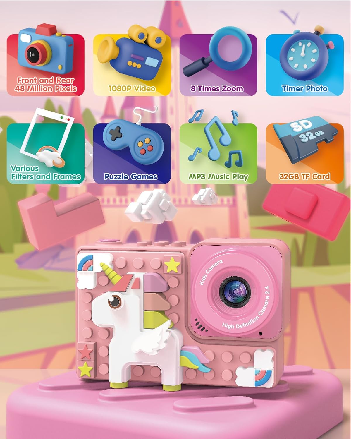 Kids Digital Video Toy Camera with Silicone Building CardBlocks - Unicorn