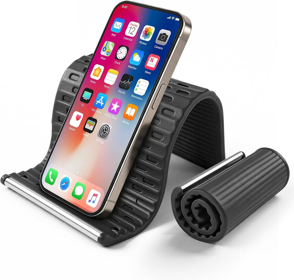 Black Flexible Memory Bend Phone Stand, Foldable Silicone Aluminum Holder, 360° Adjustable & Wrapable, Non-Slip Portable Desk & Travel Stand