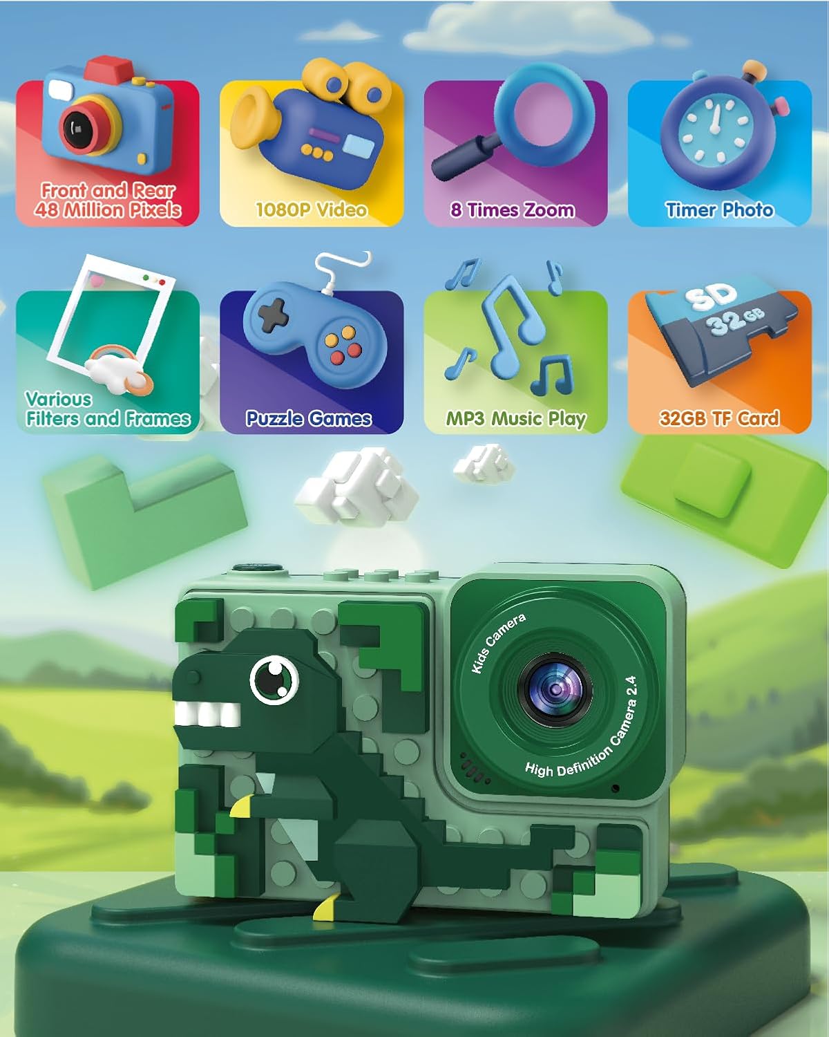 Kids Digital Video Toy Camera with Silicone Building CardBlocks - Dino