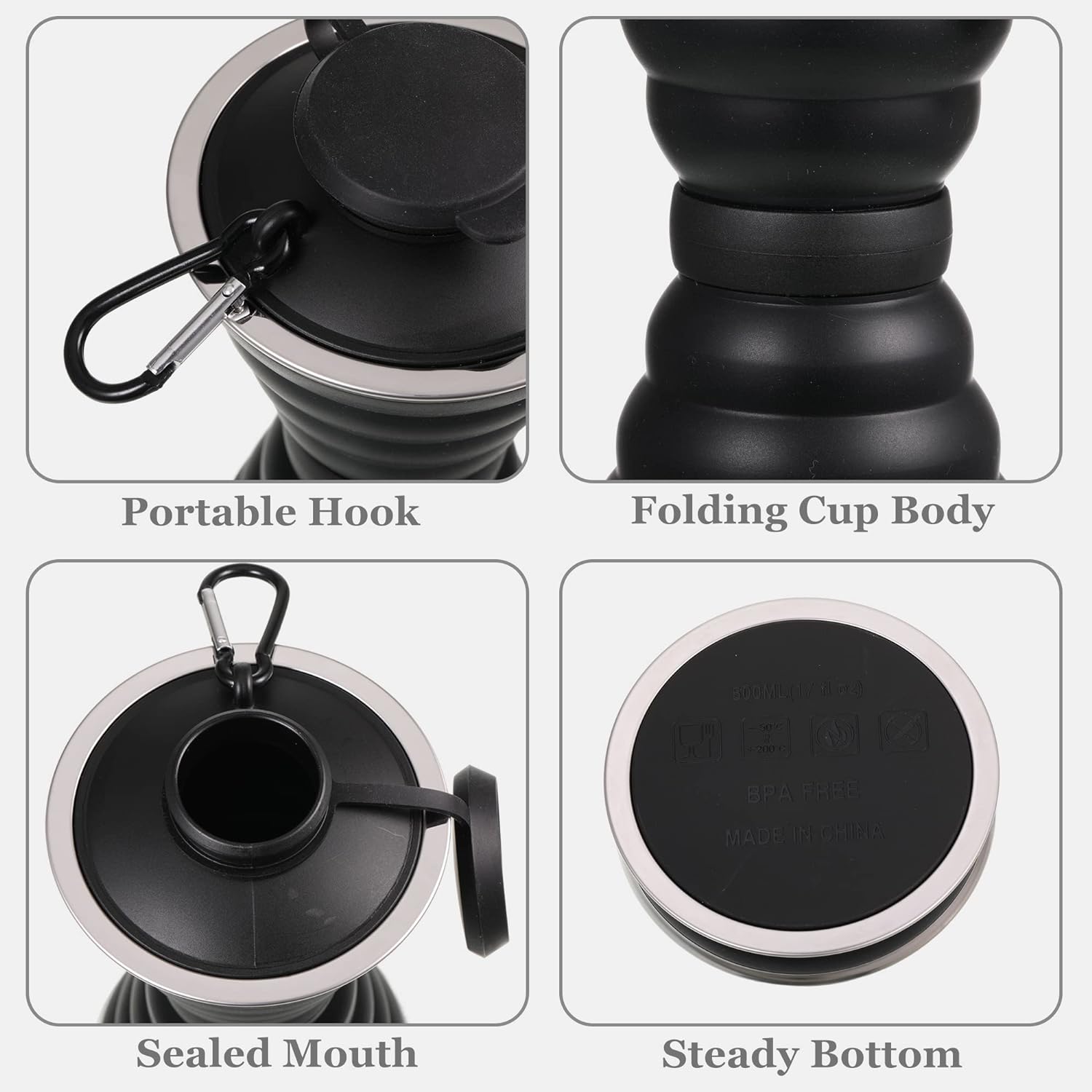 Portable Foldable Collapsible Silicone Water Bottles - Black