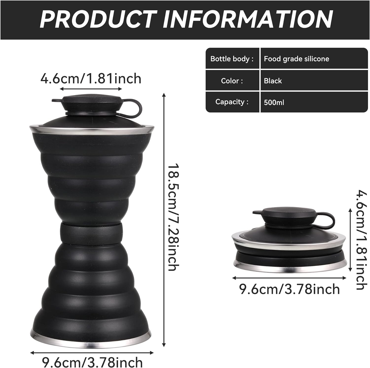 Portable Foldable Collapsible Silicone Water Bottles - Black