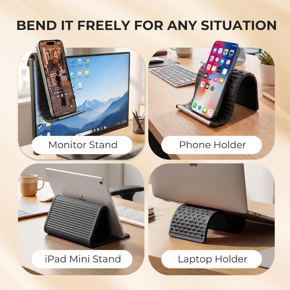 Black Flexible Memory Bend Phone Stand, Foldable Silicone Aluminum Holder, 360° Adjustable & Wrapable, Non-Slip Portable Desk & Travel Stand