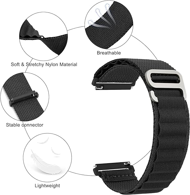 20 MM Black Alpine loop Bands Compatible with Android Smart Watches