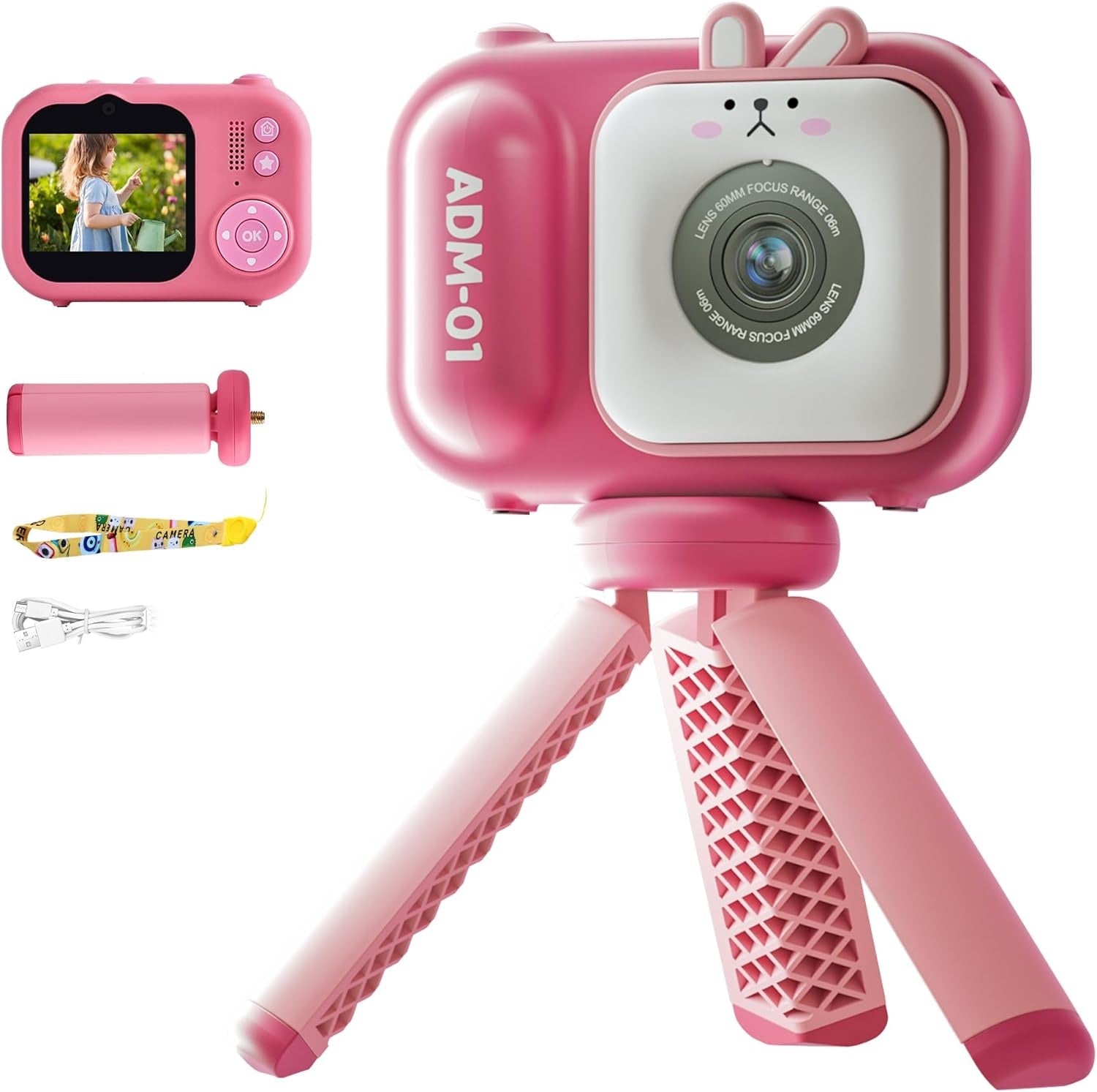 Pink Rabbit Design Portable Camera with Tripod for Kids