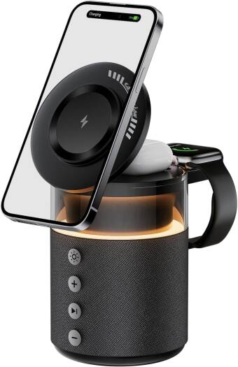 5-in-1 Wireless Charging Station with Bluetooth Speaker, Night Light, 360° Stereo Sound - Black