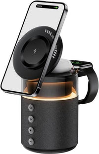 5-in-1 Wireless Charging Station with Bluetooth Speaker, Night Light, 360° Stereo Sound - Black