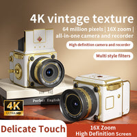 White Vintage Digital Camera, 64MP 2.7K Retro Point and Shoot Camera with Autofocus, 2" IPS Waist-Level Screen & 16GB TF Card, 16X Zoom Compact Photography Camera