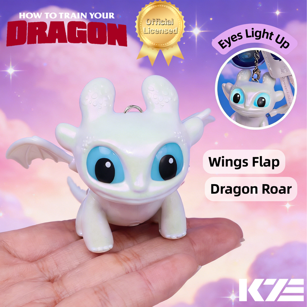 Dragon Keychain Toy with Moving Wings and Light, On Off Switch, White Color (Light Fury)