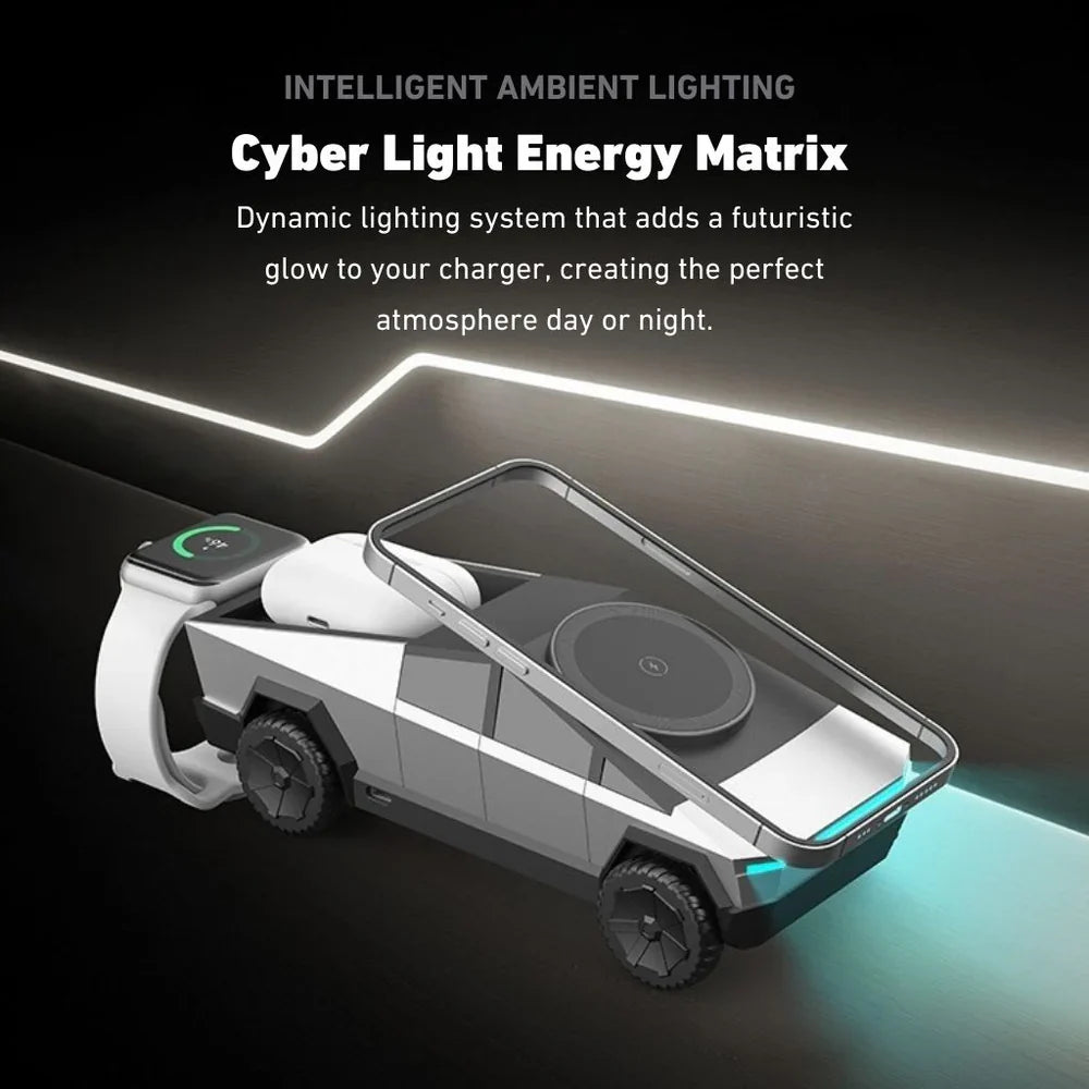 3 in 1 Silver CyberDock+ Cyber Truck inspired Motorised MagSafe Charging Dock